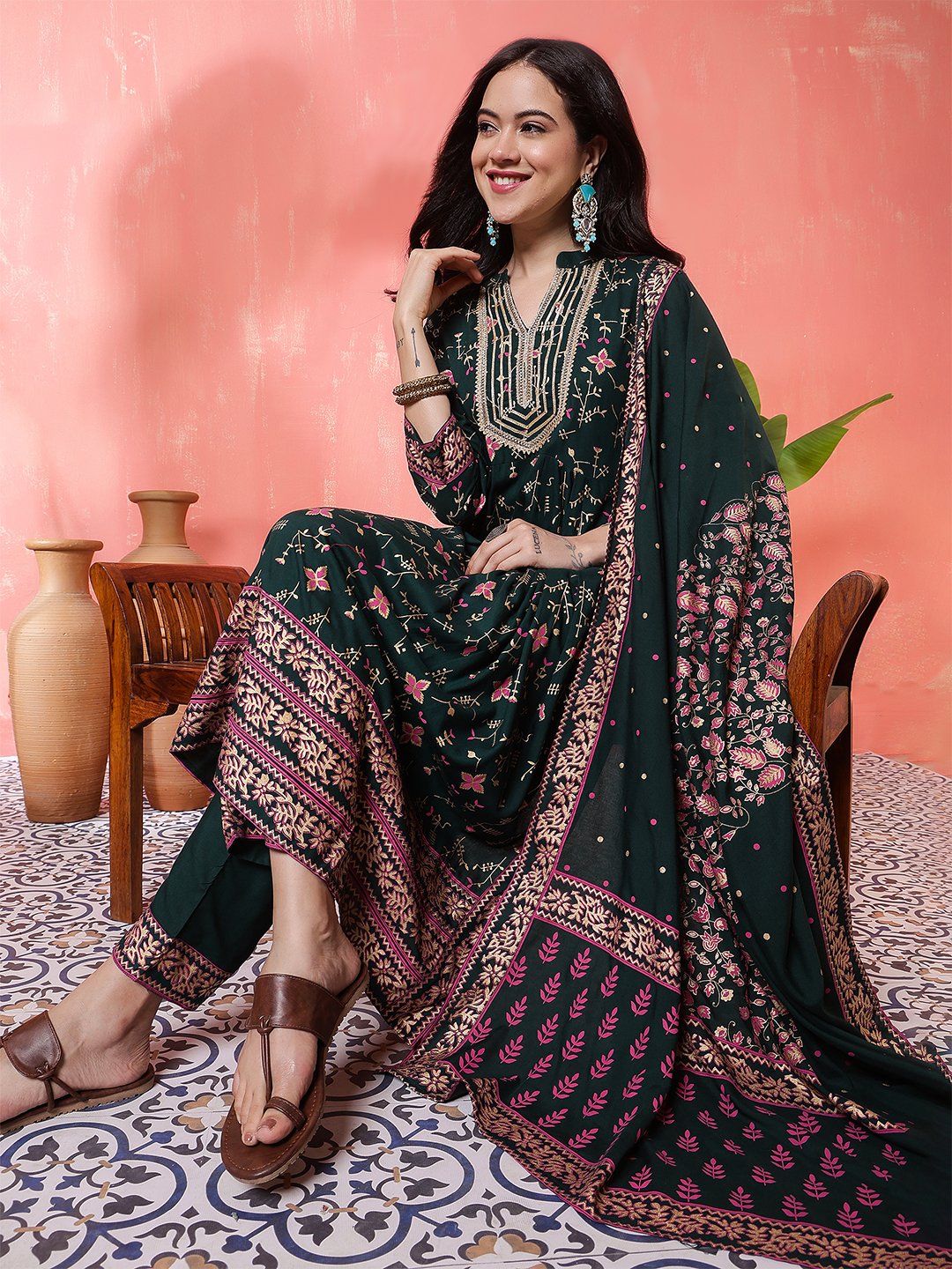 dark green floral printed anarkali kurta set with embroidered neckline & dupatta