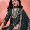 dark green floral printed anarkali kurta set with embroidered neckline & dupatta