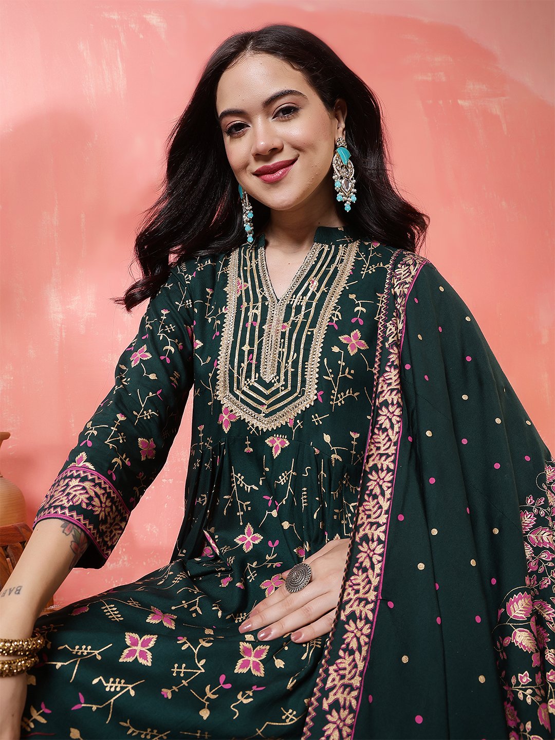 dark green floral printed anarkali kurta set with embroidered neckline & dupatta