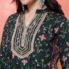 dark green floral printed anarkali kurta set with embroidered neckline & dupatta