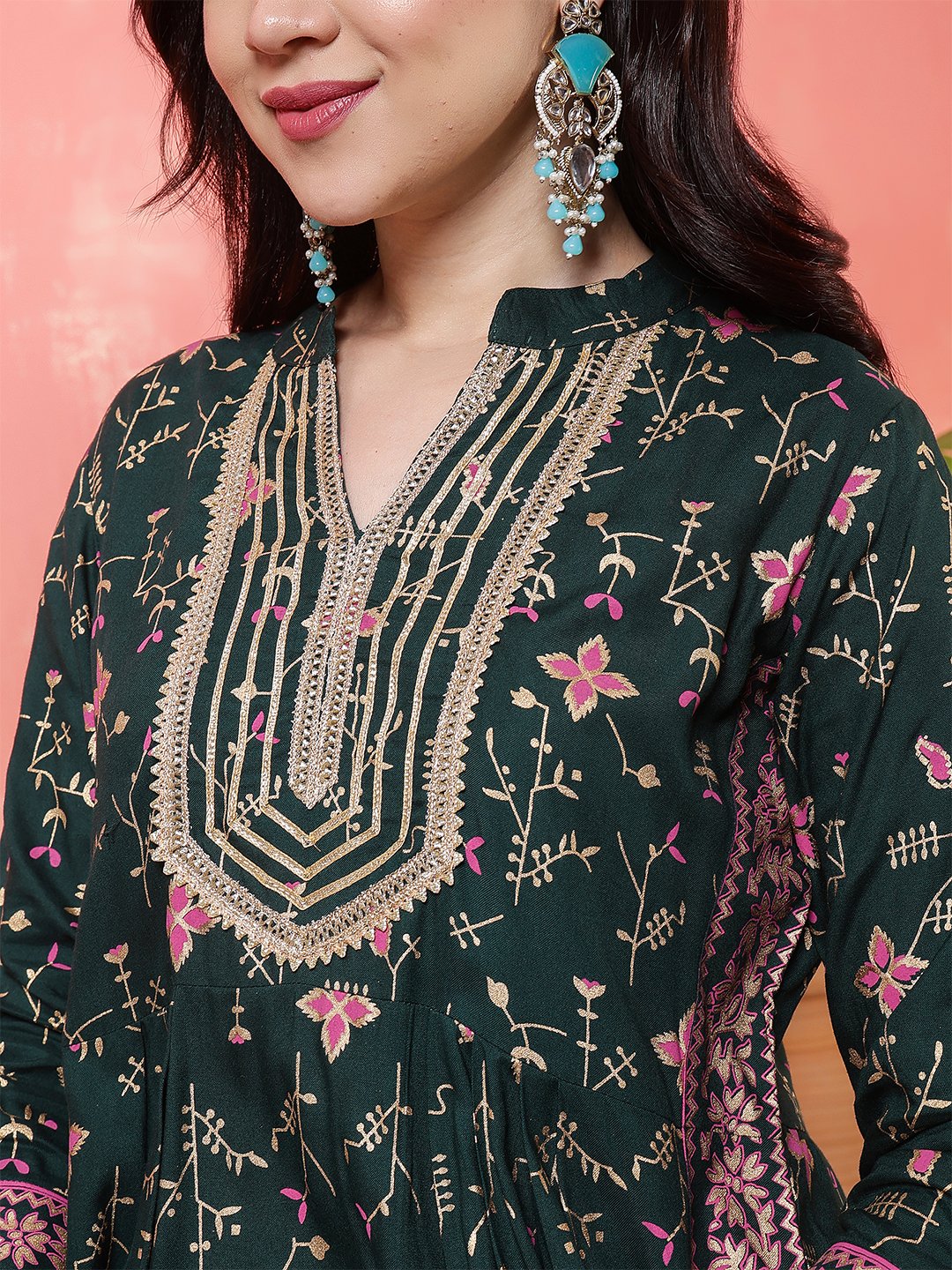 dark green floral printed anarkali kurta set with embroidered neckline & dupatta