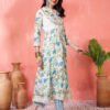 white & blue floral printed cotton anarkali kurta set with dupatta