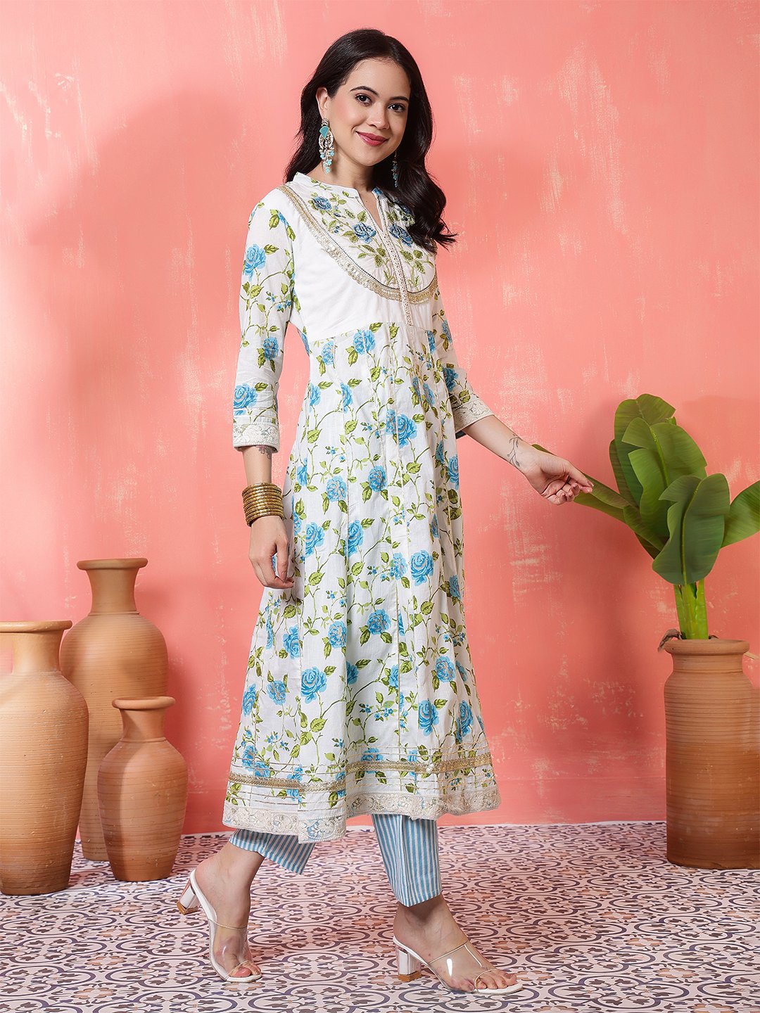 white & blue floral printed cotton anarkali kurta set with dupatta