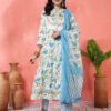 white & blue floral printed cotton anarkali kurta set with dupatta