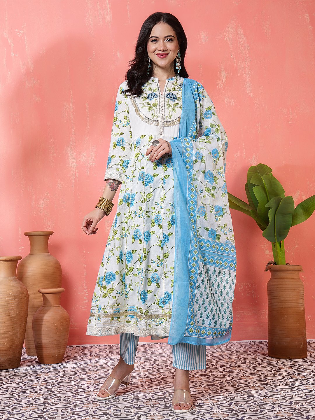 white & blue floral printed cotton anarkali kurta set with dupatta