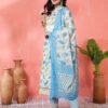 white & blue floral printed cotton anarkali kurta set with dupatta