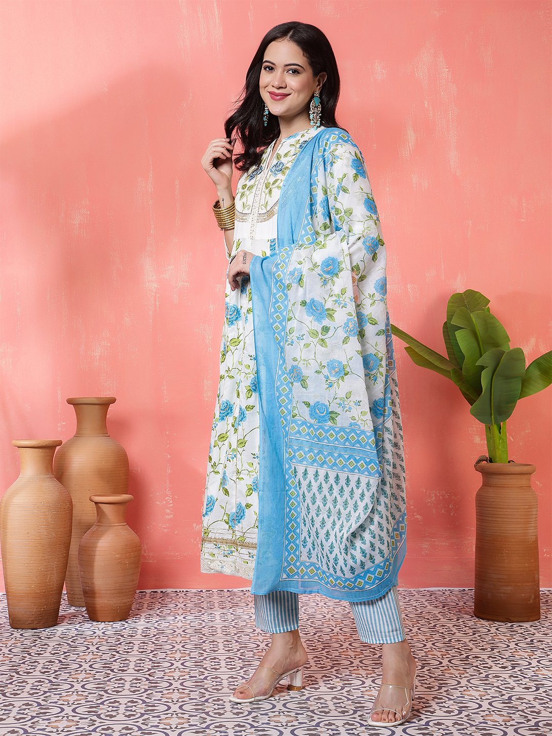 white & blue floral printed cotton anarkali kurta set with dupatta