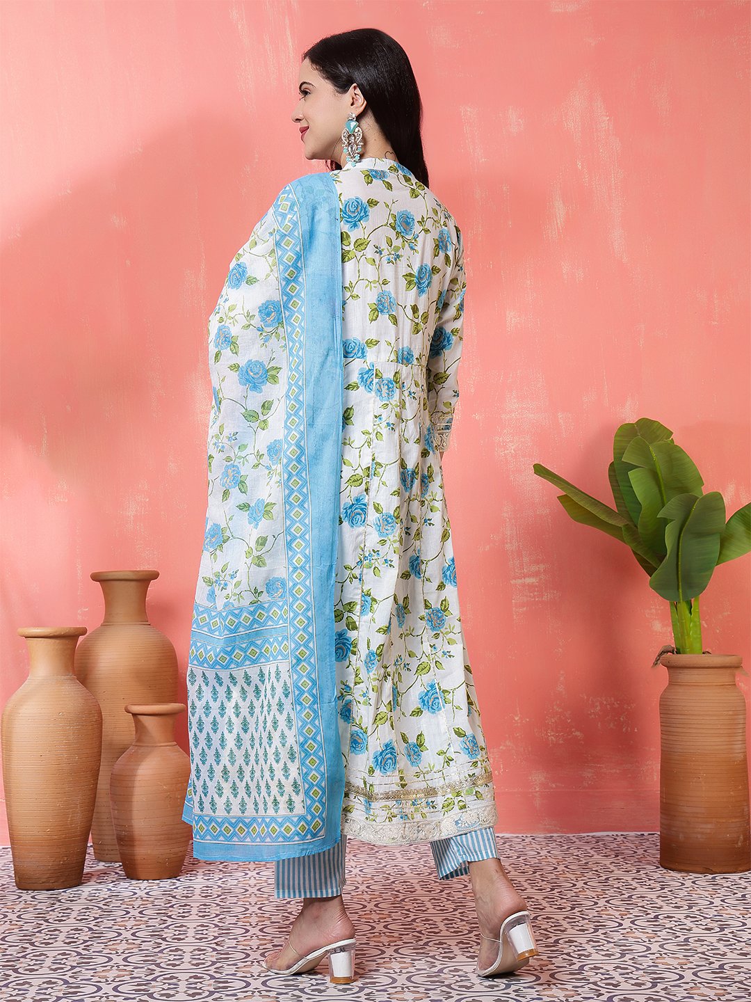white & blue floral printed cotton anarkali kurta set with dupatta