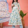 white & blue floral printed cotton anarkali kurta set with dupatta