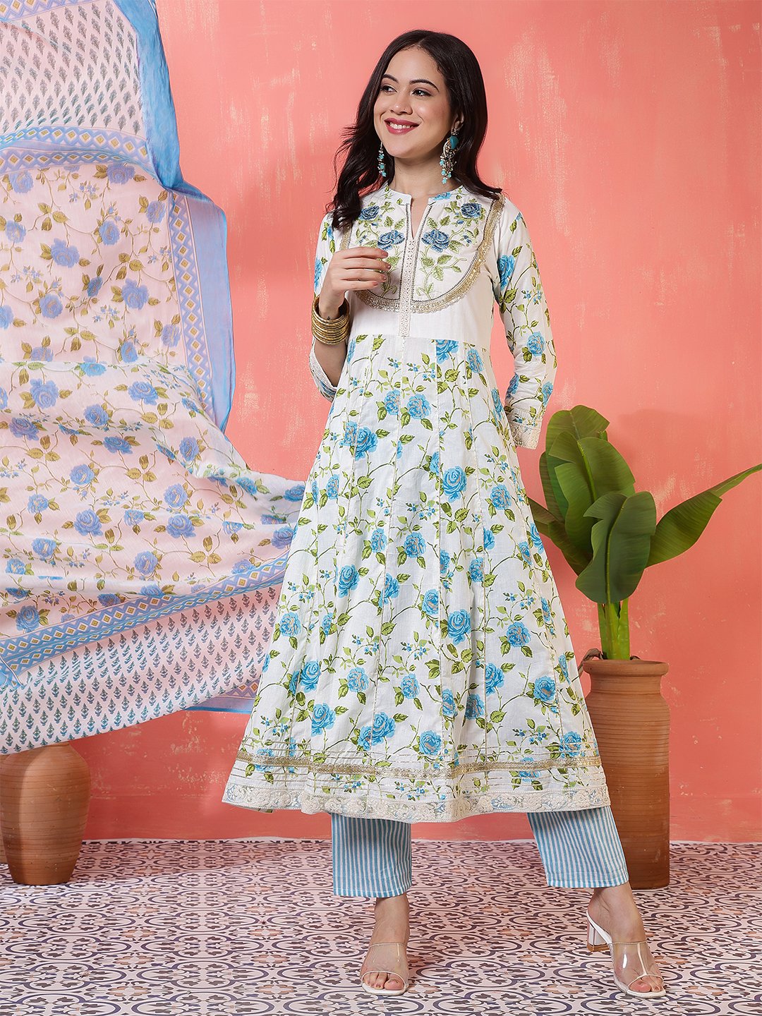 white & blue floral printed cotton anarkali kurta set with dupatta