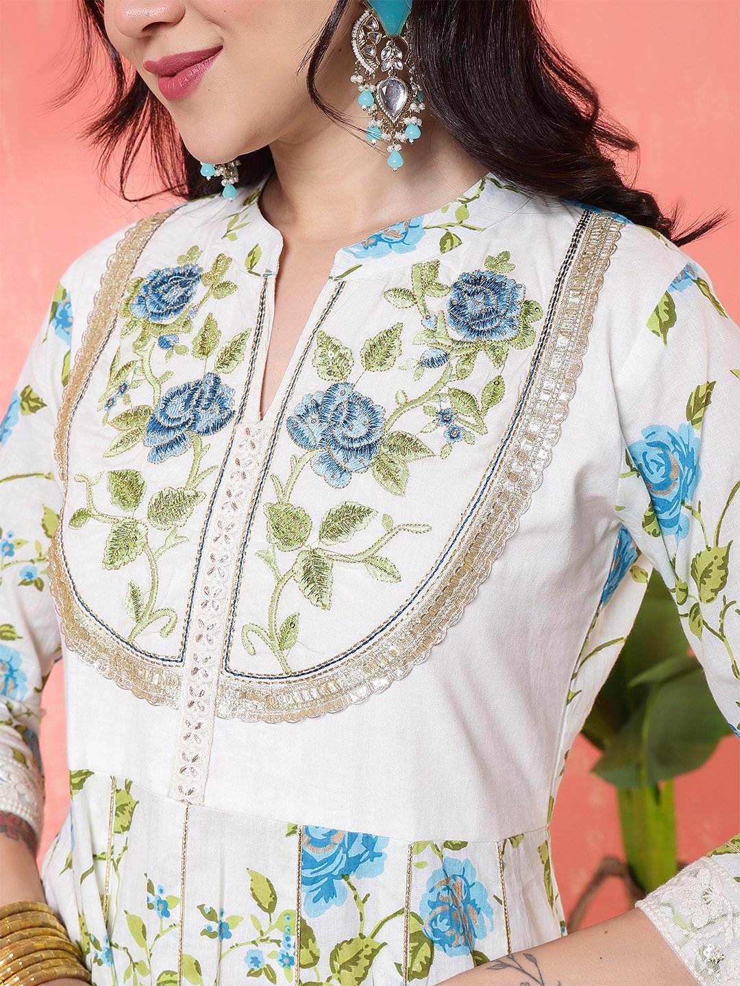 white & blue floral printed cotton anarkali kurta set with dupatta