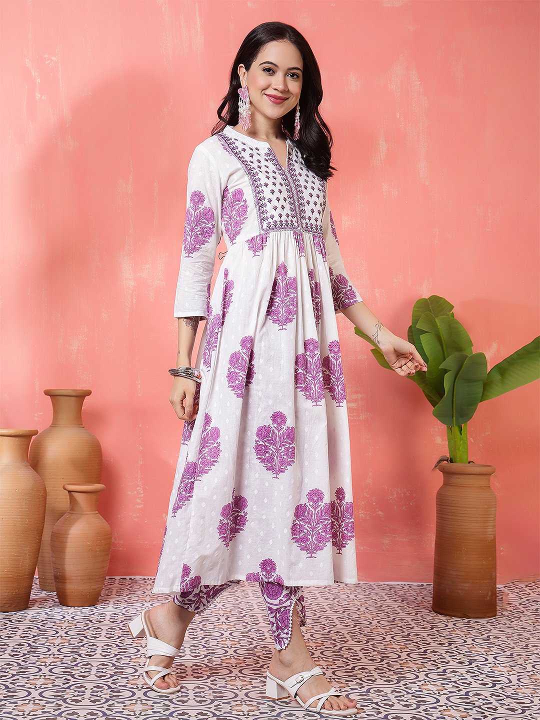 elegant white & purple floral block print cotton kurta set