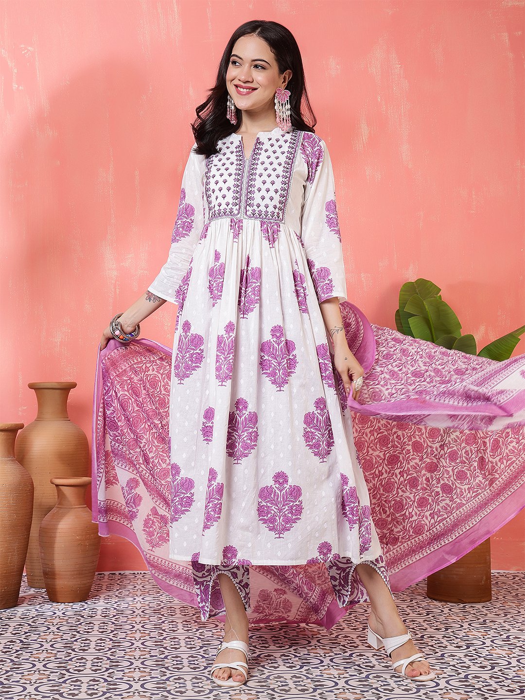 elegant white & purple floral block print cotton kurta set