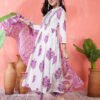 elegant white & purple floral block print cotton kurta set