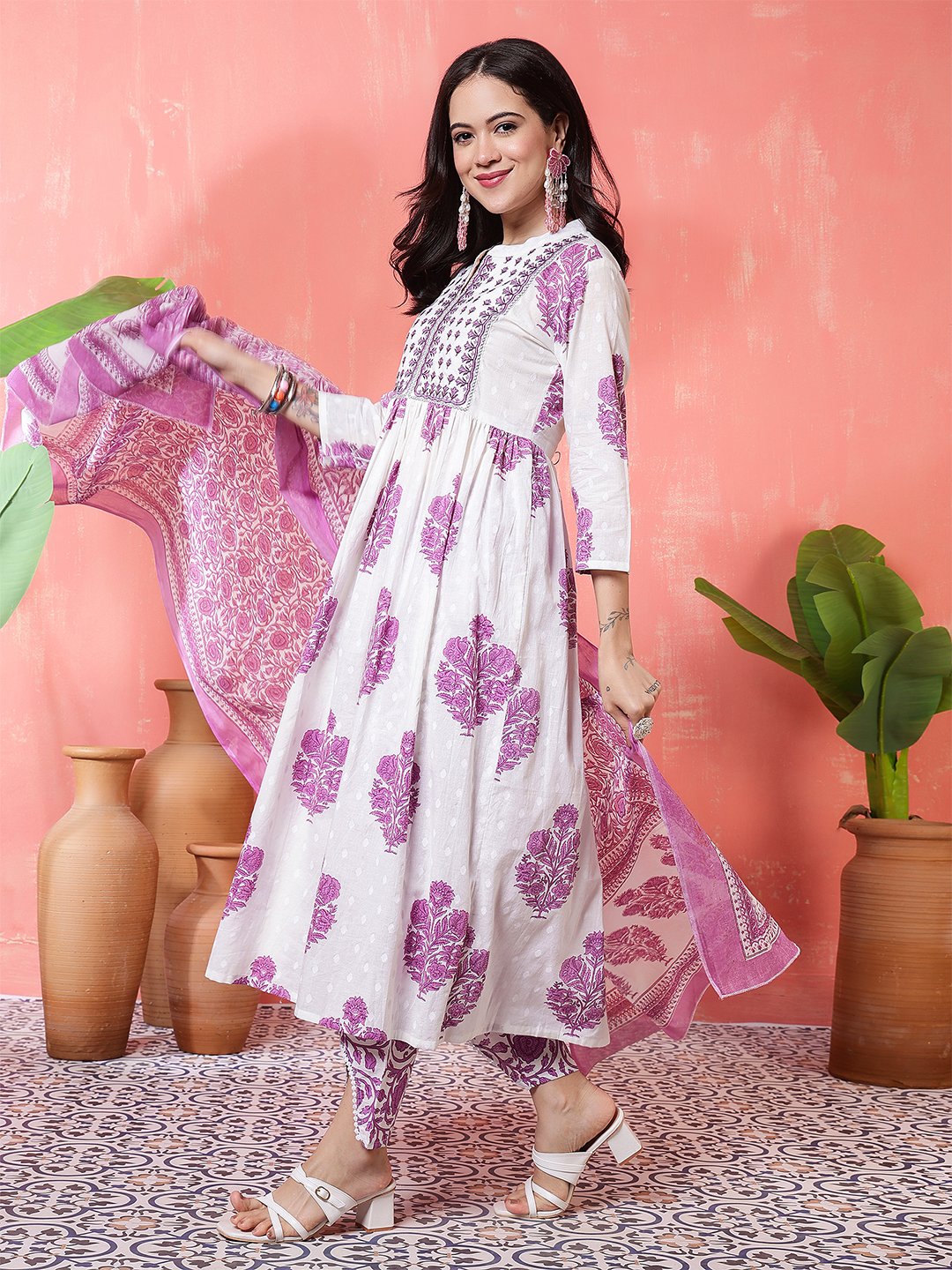 elegant white & purple floral block print cotton kurta set