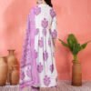 elegant white & purple floral block print cotton kurta set