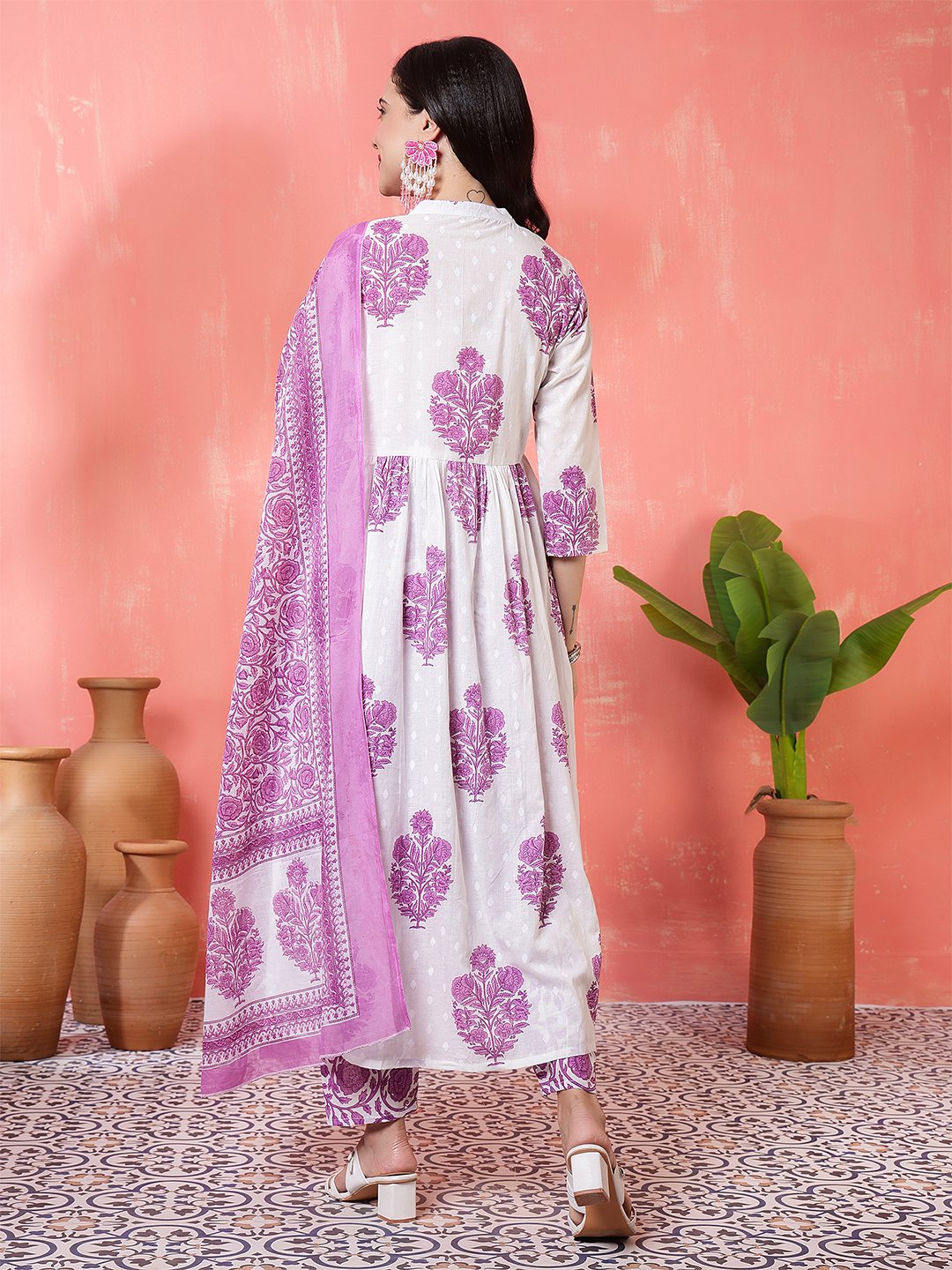 elegant white & purple floral block print cotton kurta set