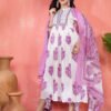 elegant white & purple floral block print cotton kurta set