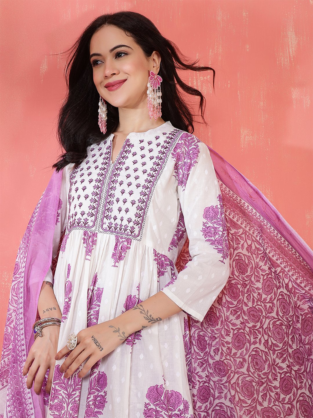 elegant white & purple floral block print cotton kurta set