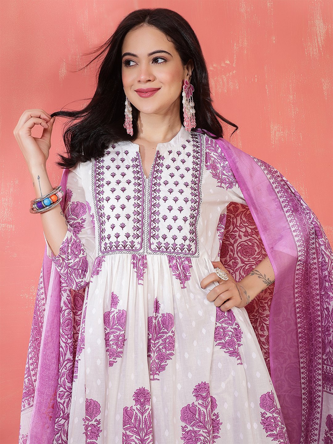 elegant white & purple floral block print cotton kurta set