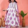 elegant white & purple floral block print cotton kurta set
