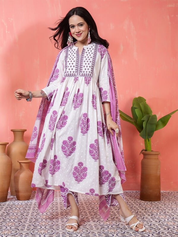 elegant-white-purple-floral-block-print-cotton-kurta-set
