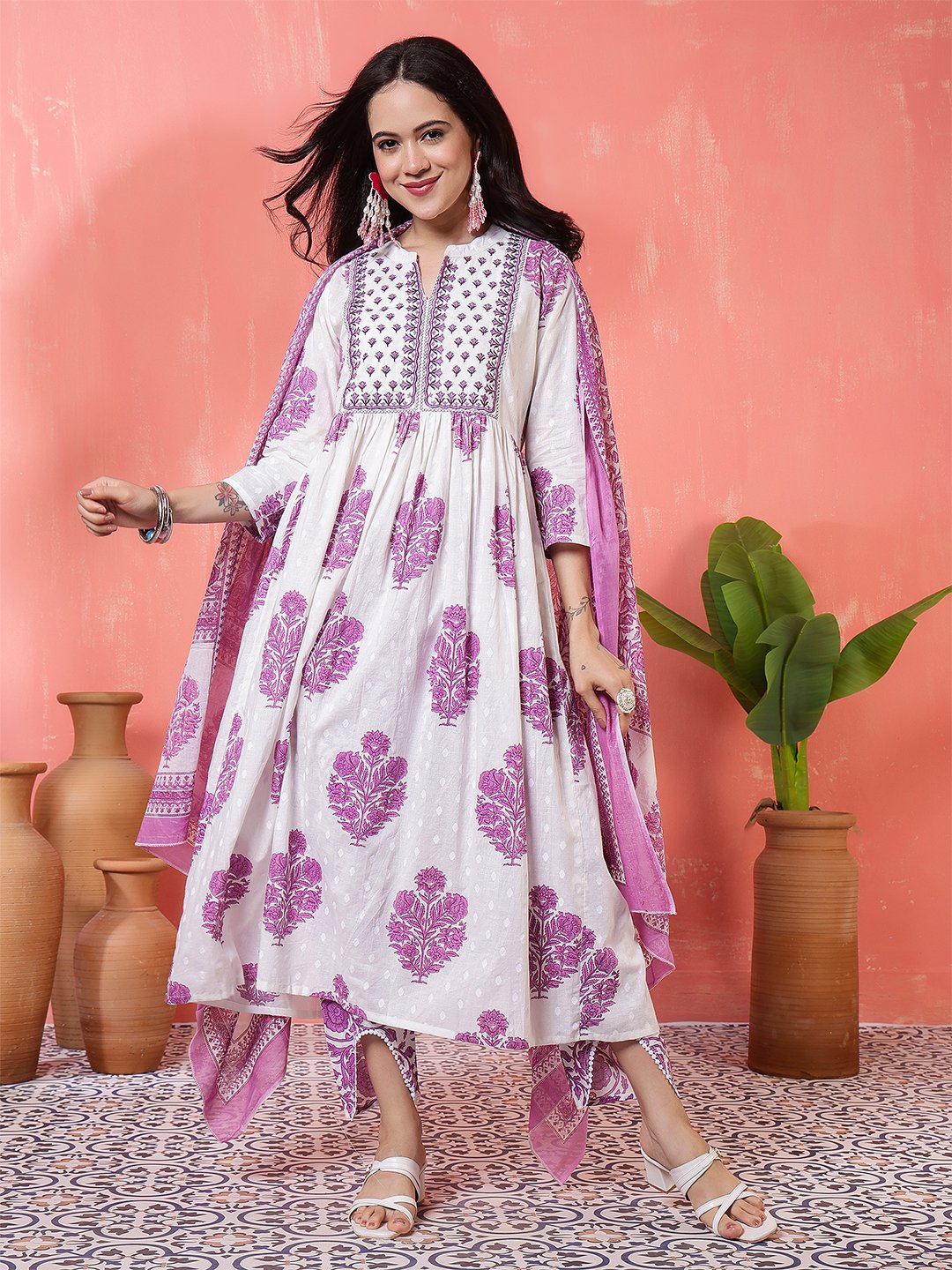 elegant white & purple floral block print cotton kurta set