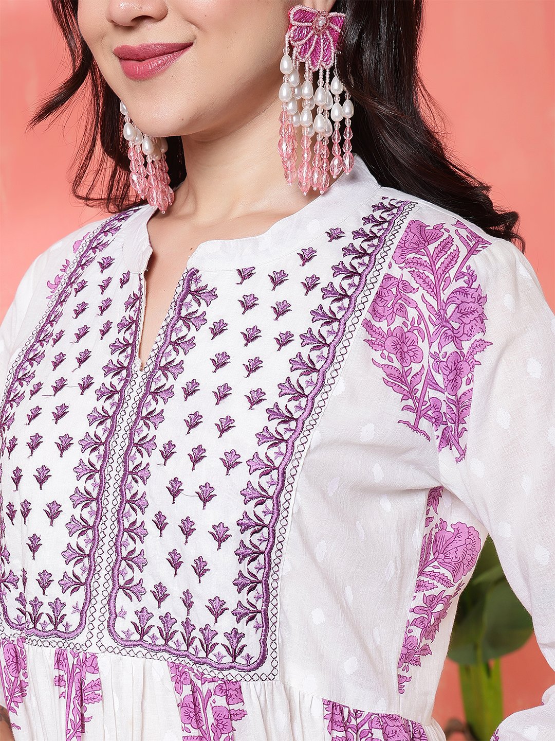 elegant white & purple floral block print cotton kurta set