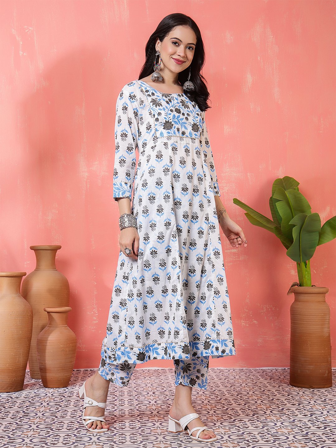 traditional white and blue floral hand block print cotton suit set