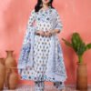 traditional white and blue floral hand block print cotton suit set