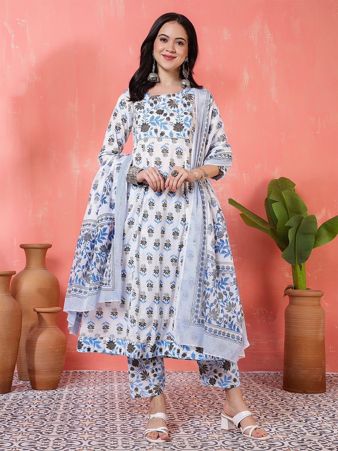 traditional white and blue floral hand block print cotton suit set
