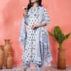 traditional white and blue floral hand block print cotton suit set