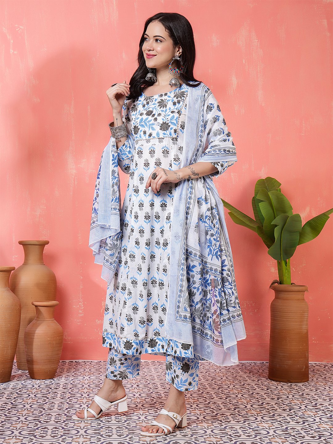 traditional white and blue floral hand block print cotton suit set