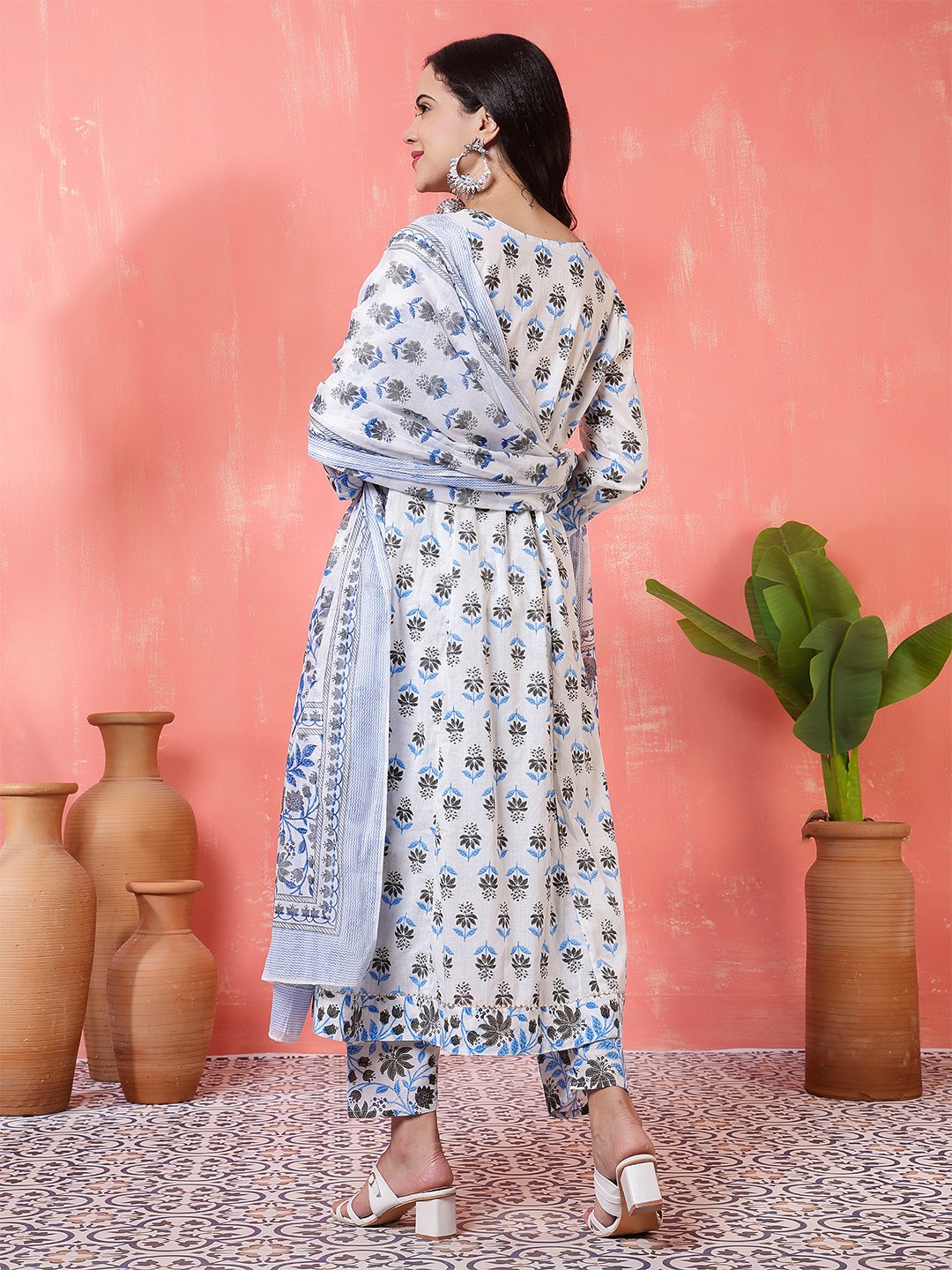 traditional white and blue floral hand block print cotton suit set