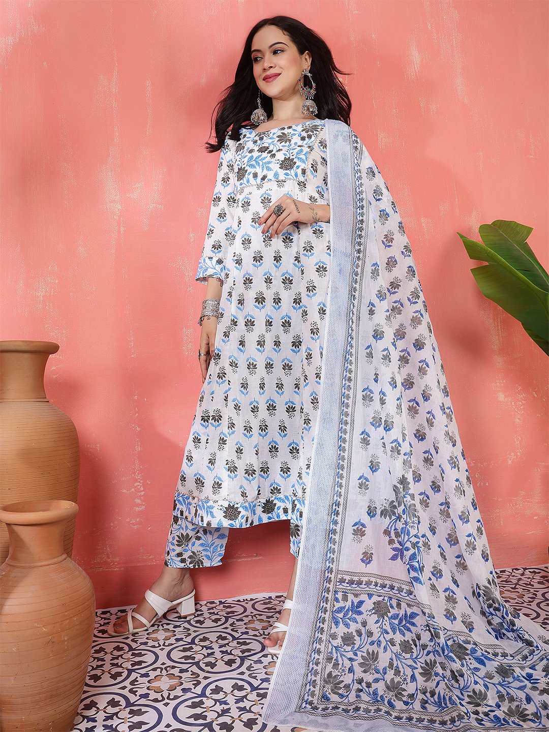 traditional white and blue floral hand block print cotton suit set