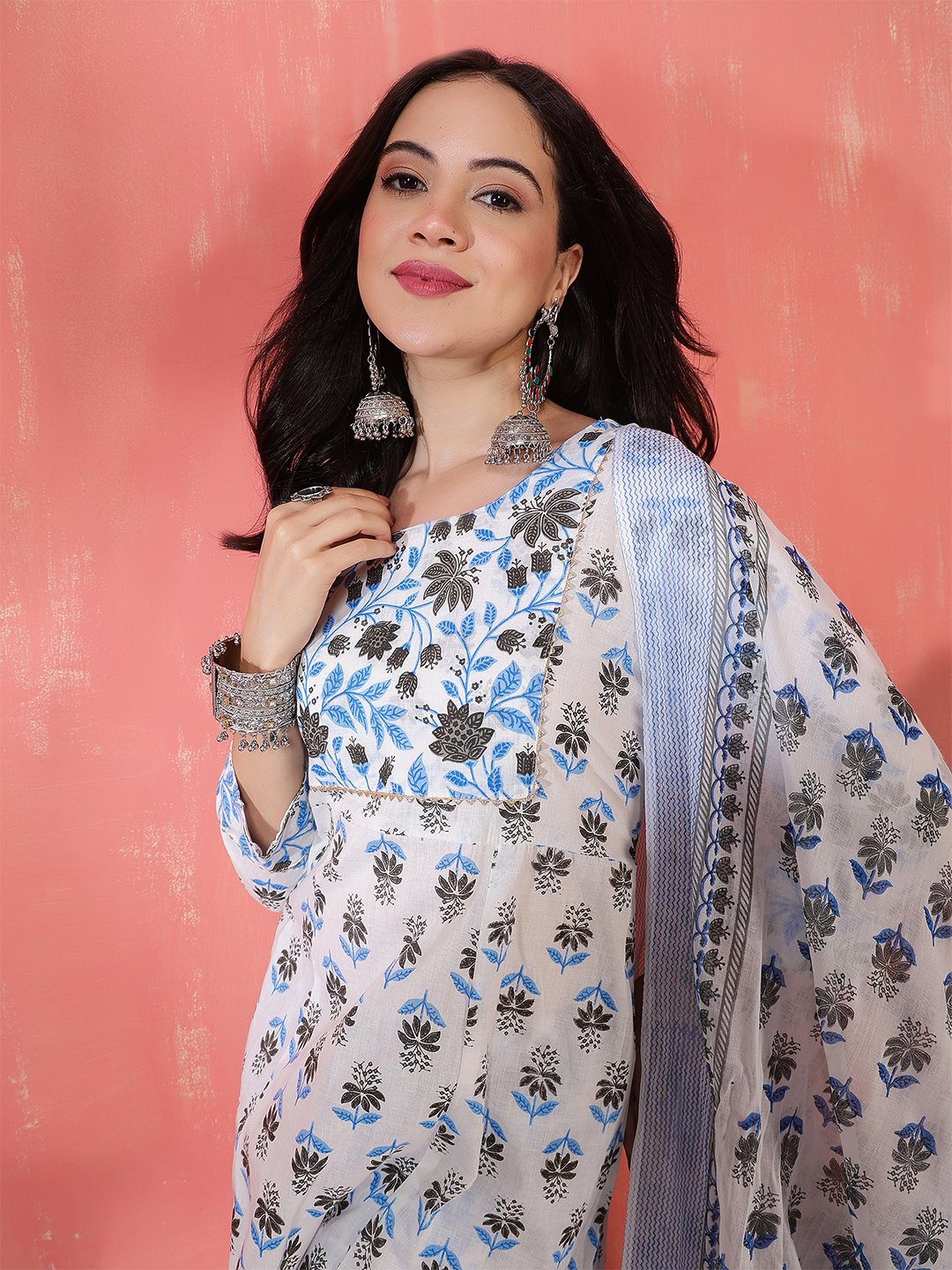 traditional white and blue floral hand block print cotton suit set