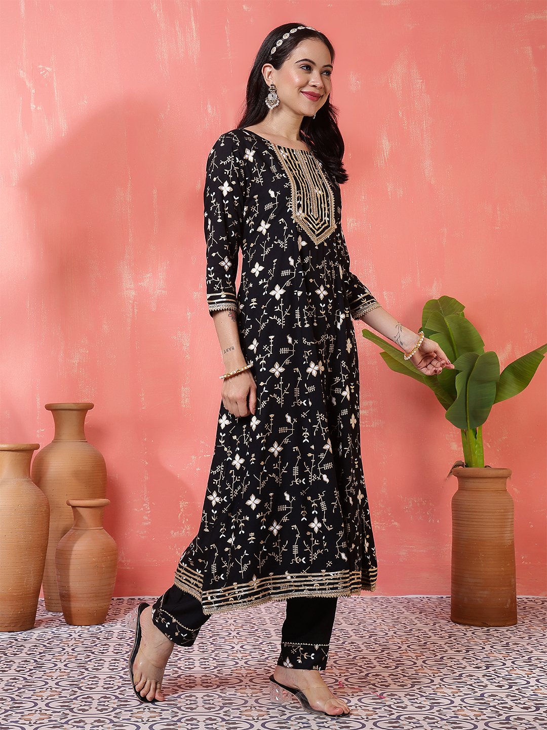 stunning black anarkali suit set with gold and white embroidery/print