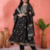 stunning black anarkali suit set with gold and white embroidery/print