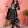 stunning black anarkali suit set with gold and white embroidery/print