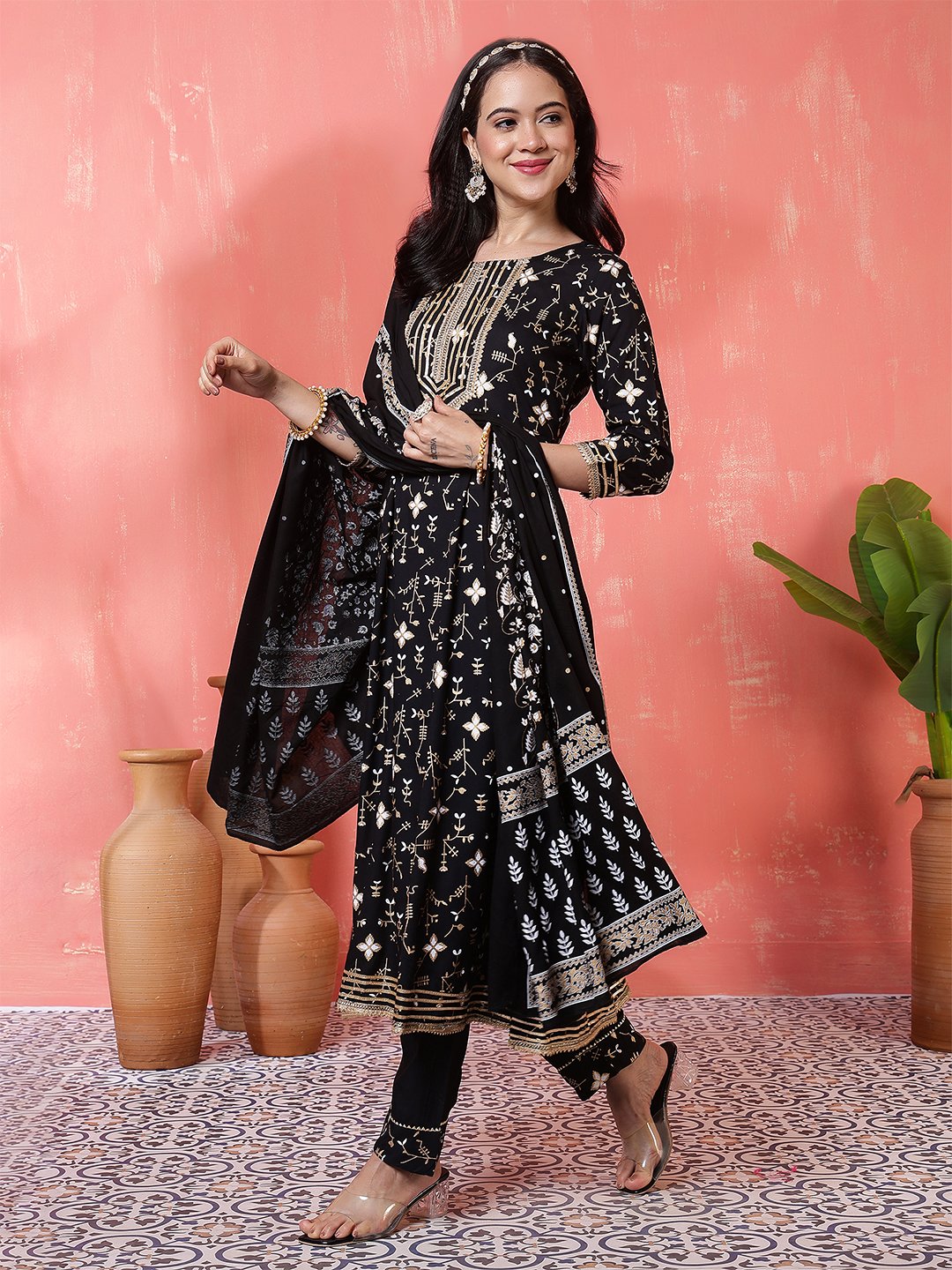 stunning black anarkali suit set with gold and white embroidery/print