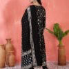 stunning black anarkali suit set with gold and white embroidery/print