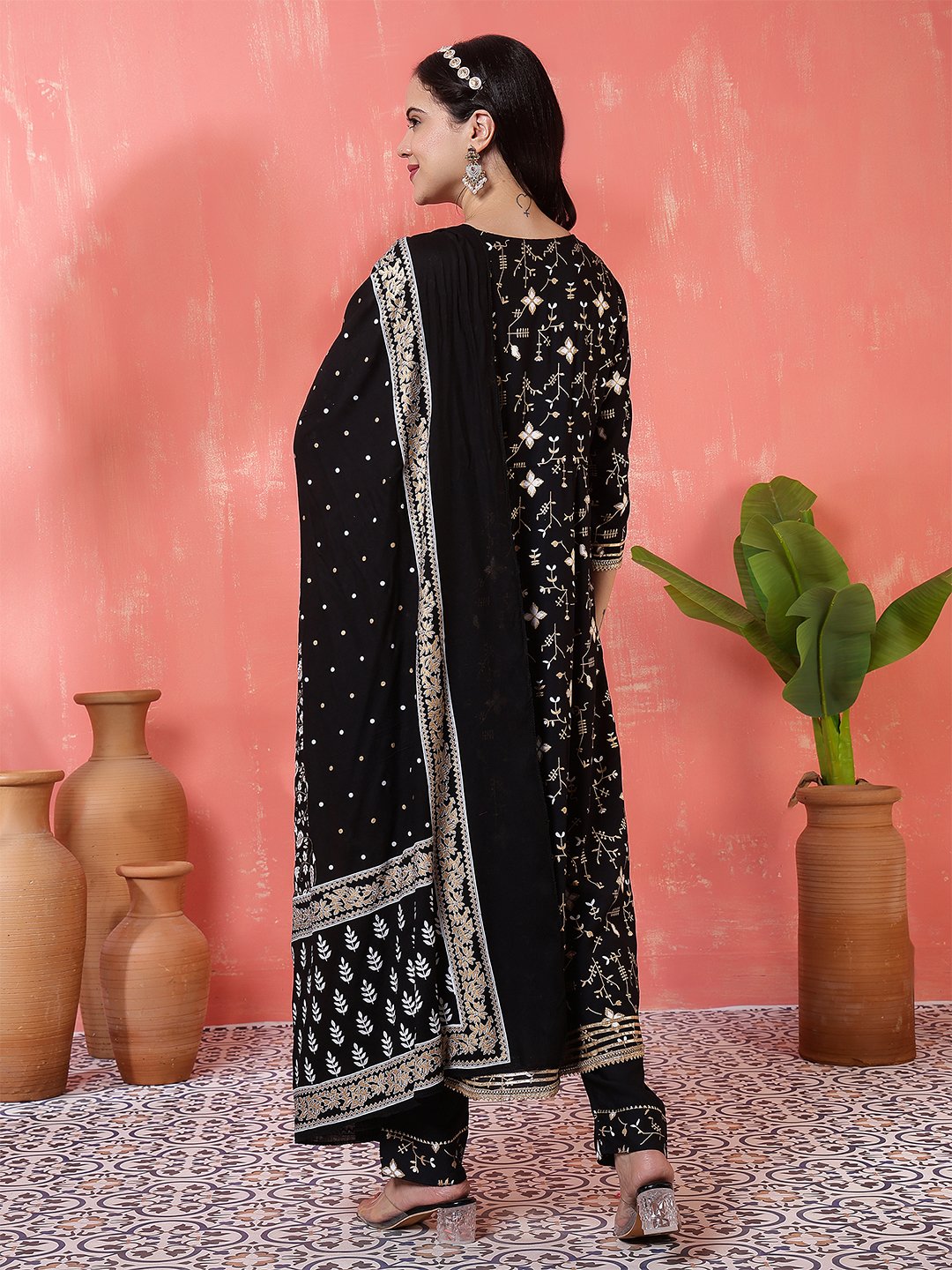 stunning black anarkali suit set with gold and white embroidery/print