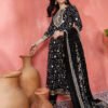 stunning black anarkali suit set with gold and white embroidery/print
