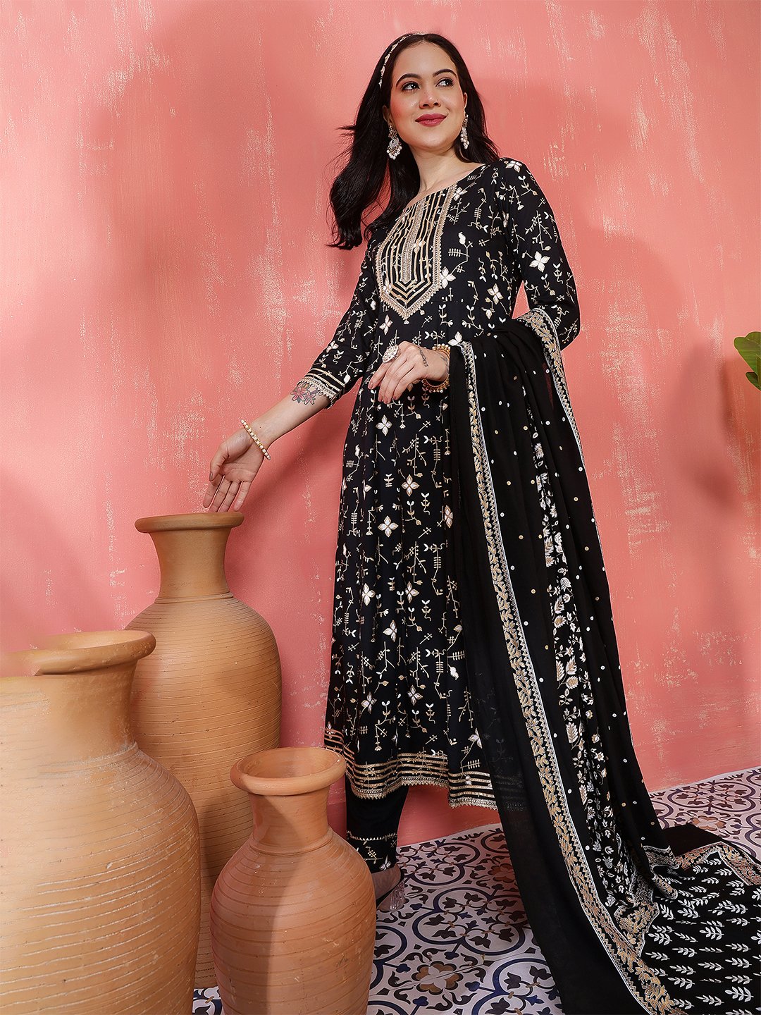 stunning black anarkali suit set with gold and white embroidery/print