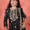stunning black anarkali suit set with gold and white embroidery/print