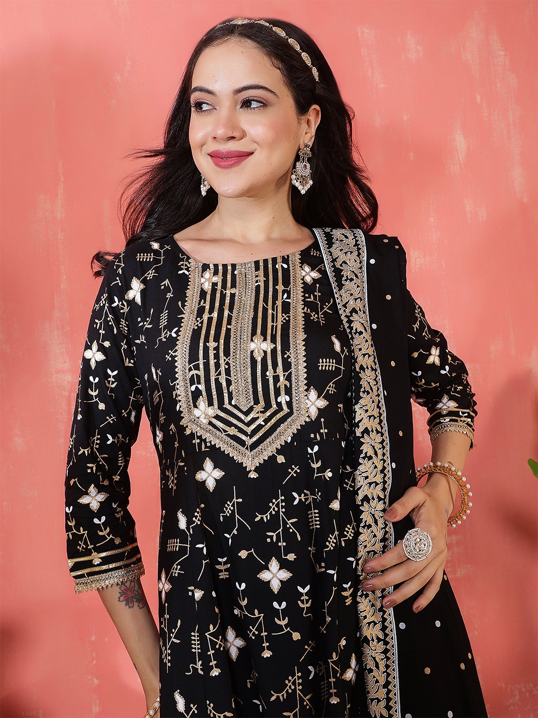 stunning black anarkali suit set with gold and white embroidery/print