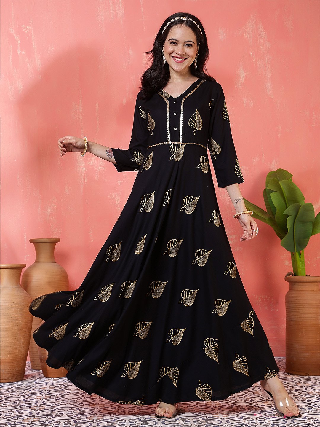 striking black and gold foil print maxi dress/gown with leaf motifs