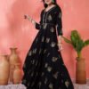 striking black and gold foil print maxi dress/gown with leaf motifs
