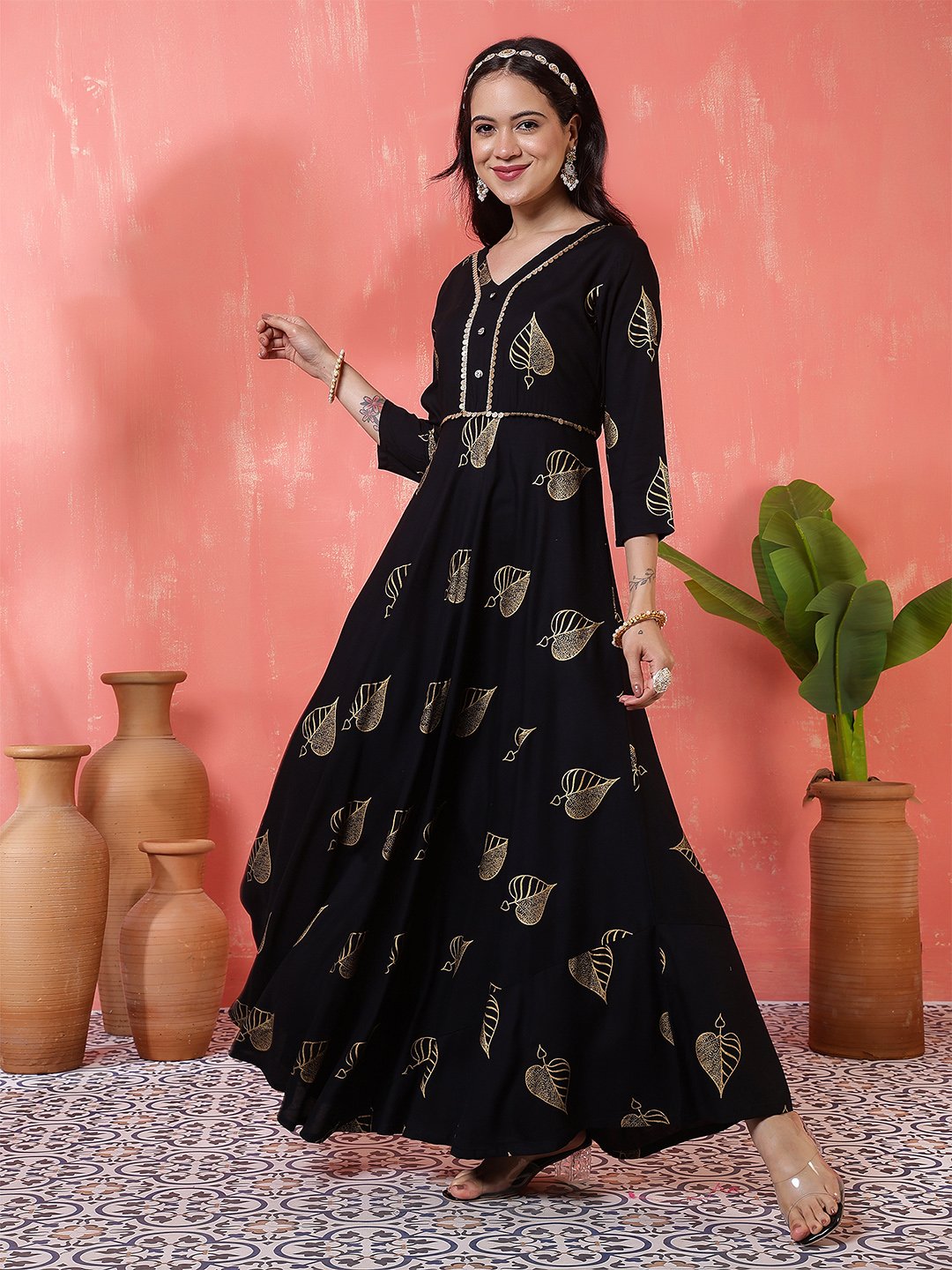 striking black and gold foil print maxi dress/gown with leaf motifs