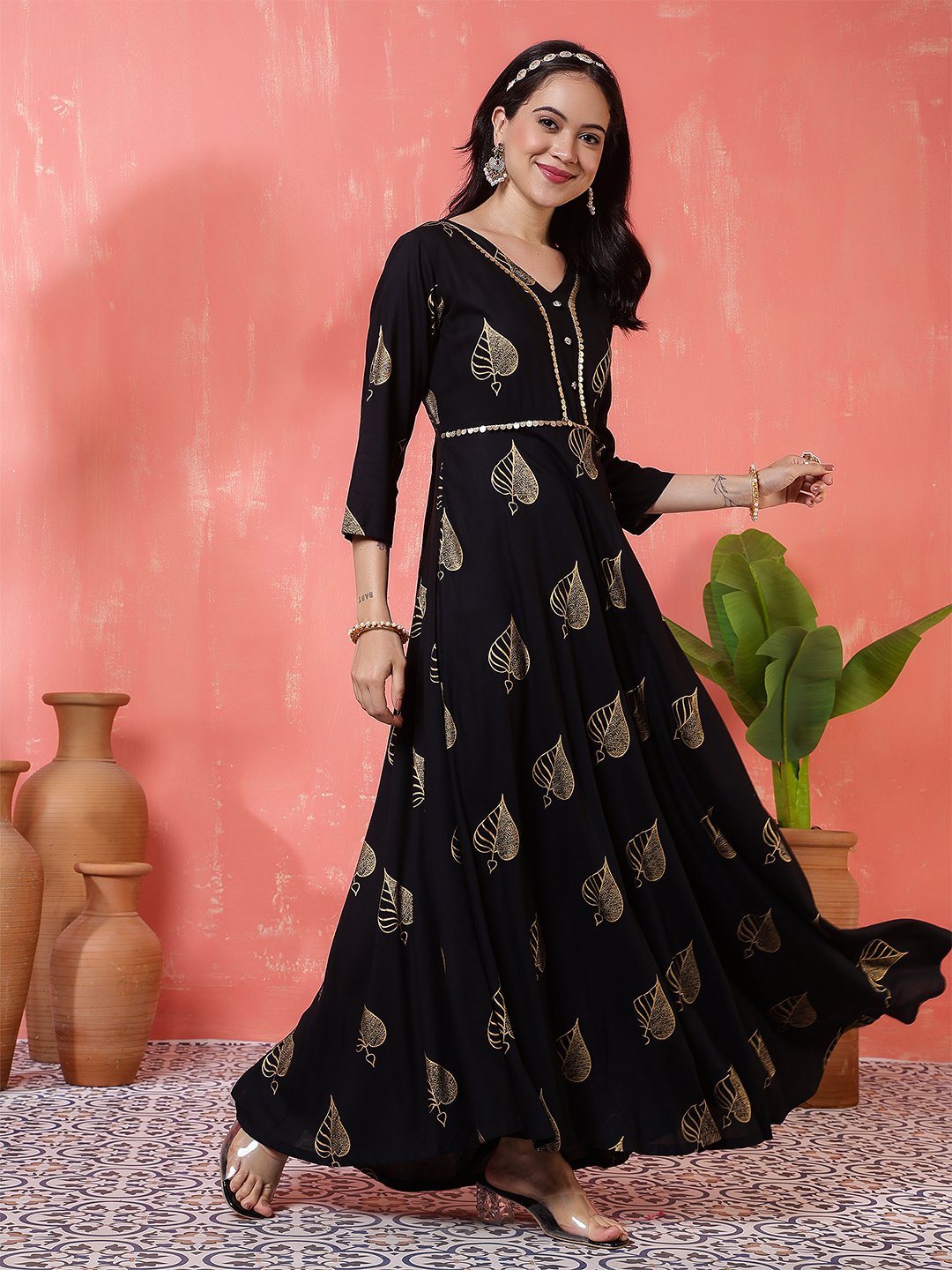 striking black and gold foil print maxi dress/gown with leaf motifs